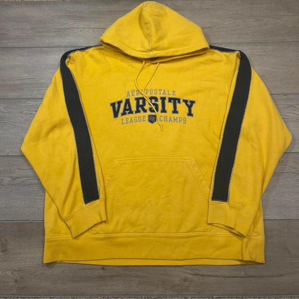Aeropostale Hoodie Mens XL Yellow Varsity League Champs Side Stripe Pullover